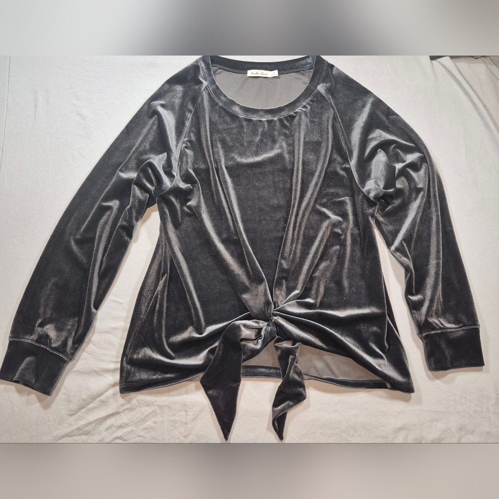Another Love Gray Velvet Long Sleeve Top with Tie Front